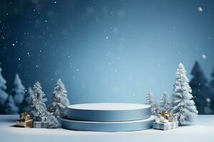 AI generated merry Christmas 3d rendered red Podium display for event photo