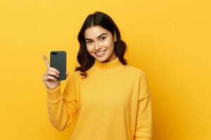 AI generated Portrait of a happy young woman pointing gesture on isolated yellow background generative AI photo