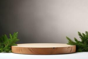 ai generado Navidad elegante y natural podio con árbol etapa monitor Bosquejo con ramas de luz de abeto pino foto