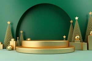 AI generated 3d rendered green Podium display for merry Christmas event photo