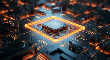 AI generated A close up of a computer chip on a circuit board depicts detailed view of electronic components. Suitable for technology, engineering, and circuitry concepts in design projects photo