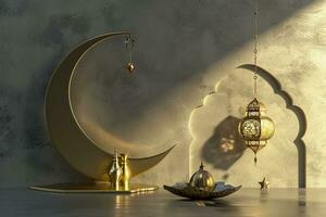 AI generated 3d rendered Ornamental Arabic lantern glowing invitation for Muslim holy month Ramadan Kareem photo