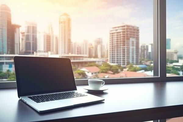 AI generated Wood office cup of coffee and laptop on table beside window with copy space, flat lay.