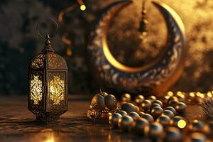 AI generated 3d rendered Ornamental Arabic lantern glowing invitation for Muslim holy month Ramadan Kareem photo