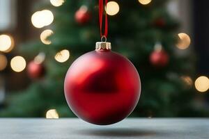 AI generated a close up of a christmas tree with baubles hanging from it's branches and a blurry background photo