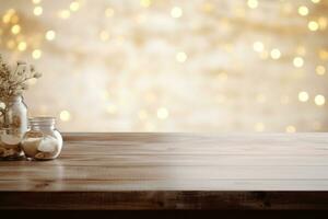 AI generated Christmas wooden table mockup with gifts, lights and bokeh background. banner with creative decoration and copy space. photo