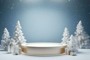 AI generated 3d rendered white and snowy Podium display for merry Christmas event photo