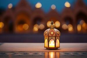 AI generated Ornamental Arabic lantern glowing on table for Muslim holy month Ramadan Kareem photo