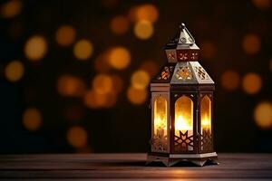 AI generated Ornamental Arabic lantern glowing for Muslim holy month Ramadan Kareem photo