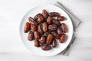 AI generated pitted dates isolated on white background, top view photo
