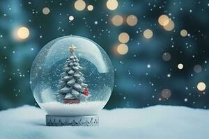 AI generated Crystal ball with a snowy christmas tree fir tree inside falling snow realistic holiday decoration photo