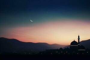 ai generado un mezquita en noche y Luna en antecedentes Ramadán kareem celebracion foto