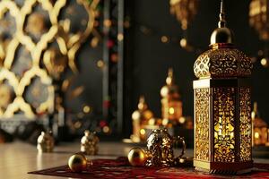 AI generated 3d rendered Ornamental Arabic lantern glowing invitation for Muslim holy month Ramadan Kareem photo