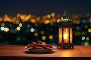 AI generated lantern with dusk sky and city bokeh light background photo