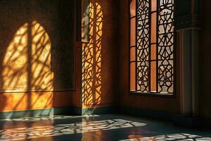 AI generated Islamic background light with mosque window ornament scene photo