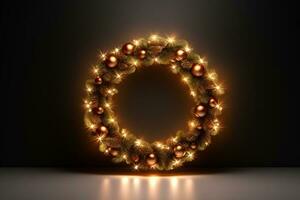 AI generated decorative festive wreath with golden lights isolated on black background photo