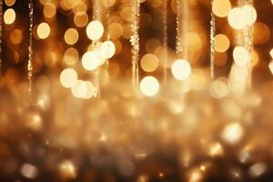 AI generated golden christmas particles and sprinkles for a holiday celebration like christmas or new year. shiny golden lights. wallpaper background photo