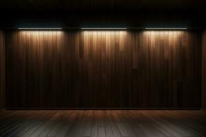 AI generated 3d rendered empty wooden room with lights and copy space photo