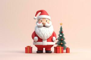 AI generated 3d rendered minimal santa clause with christmas tree and gifts on pastel background photo