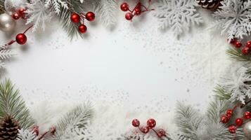 AI generated Christmas composition of fir tree branches with baubles and gifts on white background photo