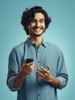 AI generated young man smiling while holding smartphone in his hand photo