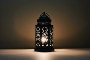 AI generated Ornamental Arabic lantern glowing for Muslim holy month Ramadan Kareem photo