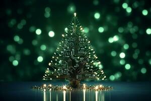 AI generated Christmas tree made with circuit board technology concept photo