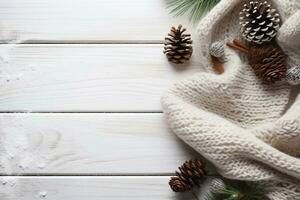 ai generado Navidad composición de abeto árbol ramas con regalos en blanco de madera antecedentes foto