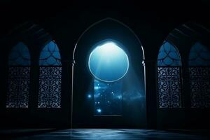 AI generated moon light shine through the window into islamic mosque interior photo