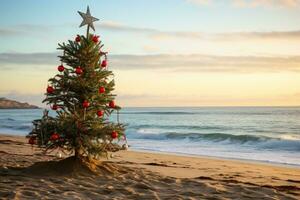 AI generated Christmas tree on the beach at sunset photo
