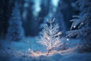 ai generado iluminado pino Navidad árbol Nevado bosque noche foto