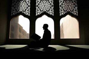 AI generated silhouette muslim man praying n the mosque photo