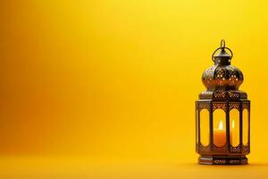 AI generated Arabic lantern glowing on yellow background holy month Ramadan Kareem photo