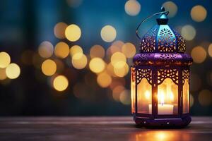 AI generated Ornamental Arabic lantern glowing on table for Muslim holy month Ramadan Kareem photo