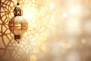 AI generated Hanging Ornamental Arabic lantern glowing for Muslim holy month Ramadan Kareem photo