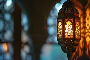 AI generated An illuminated Arabic colorful hanging Ramadan lantern photo