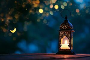 AI generated Ornamental Arabic lanterns. Glittering golden bokeh lights on the table photo