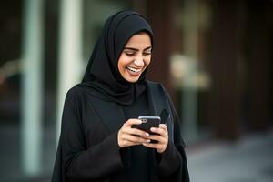 AI generated Portrait of beautiful young Muslim woman wearing hijab with smartphone generative AI photo