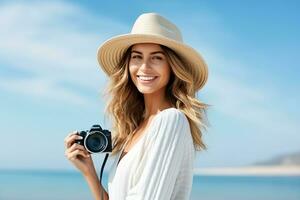 AI generated Portrait of a beautiful young traveler woman smiling with hat generative AI photo