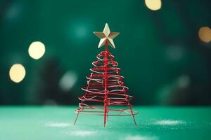 AI generated Red Christmas tree made up with paper clip and wire bokeh blurred background copy space photo