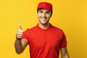 AI generated young handsome delivery man in uniform and cap looking confident smiling friendly doing thumbs up photo