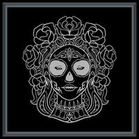 Calavera niña cabeza mandala letras aislado en negro antecedentes. vector