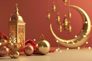 AI generated 3d rendered Ornamental Arabic lantern glowing invitation for Muslim holy month Ramadan Kareem photo
