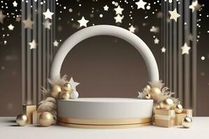 AI generated merry Christmas 3d rendered black and golden Podium display for event photo