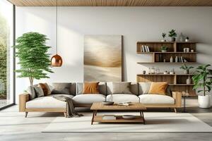 AI generated 3d rendered Minimal style Modern living room interior design with sofa photo