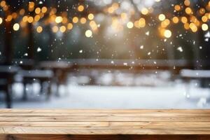 AI generated wooden deck looking out to a snowy landscape against a bokeh lights background photo