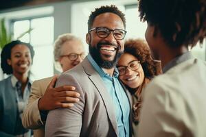 AI generated Medium shot smiley business team hugging each other in modern office photo