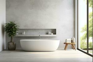 AI generated 3d rendered Minimal style black theme Modern bathroom interior design with bathtub photo