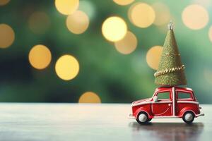 ai generado juguete coche que lleva pequeño Navidad árbol foto