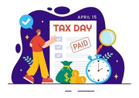 Happy Tax Day Vector Illustration on 15 April with Clipboard Tax Form, Clock, Pen, Coins Money and Paper Document to Pay the bills in Flat Background